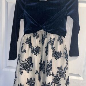 Knitworks Navy Velvet Twist-Front Top with Ivory Floral Skirt Dress